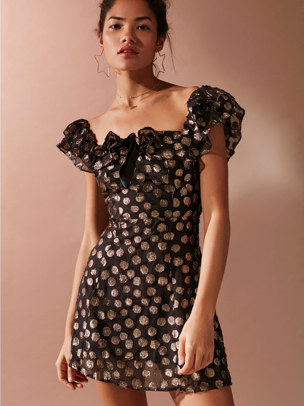 For Love and Lemons Black and Gold Foil Polka Dot Ruffle Mini Dress Size Small